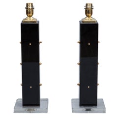 Pair Mid Century Italian Black Lucite Brass and Glass Table Lamps