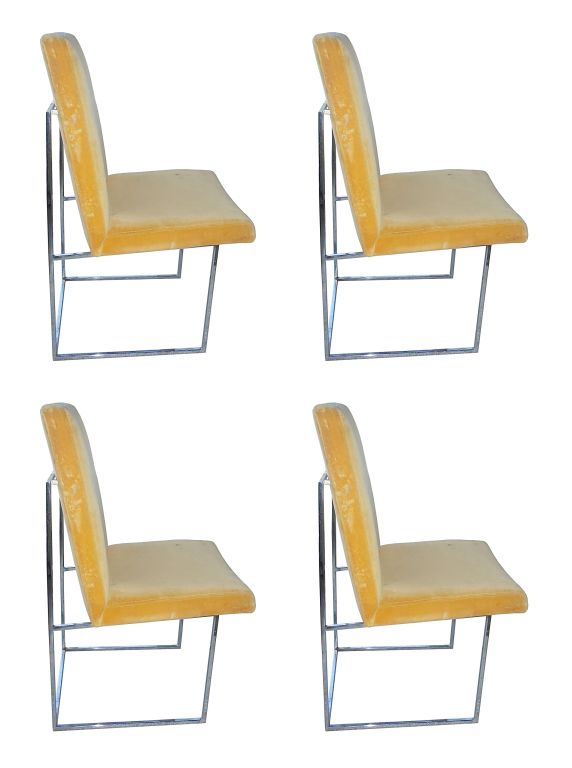 Gorgeous set of 4 Milo Baughman dining chairs, these chairs are just breathtaking, the sculptural lines paired with beauty and elegance.<br />
All of the chairs retain the original crushed velvet fabric which needs to be replaced the chrome is very