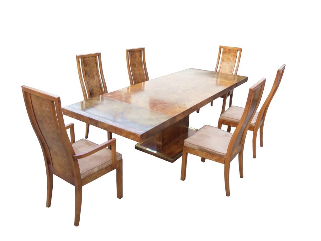 Pierre Cardin Style Burlwood & Brass Dining Table and 6  Chairs
