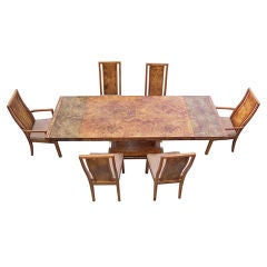 Pierre Cardin Style Burlwood & Brass Dining Table and 6  Chairs