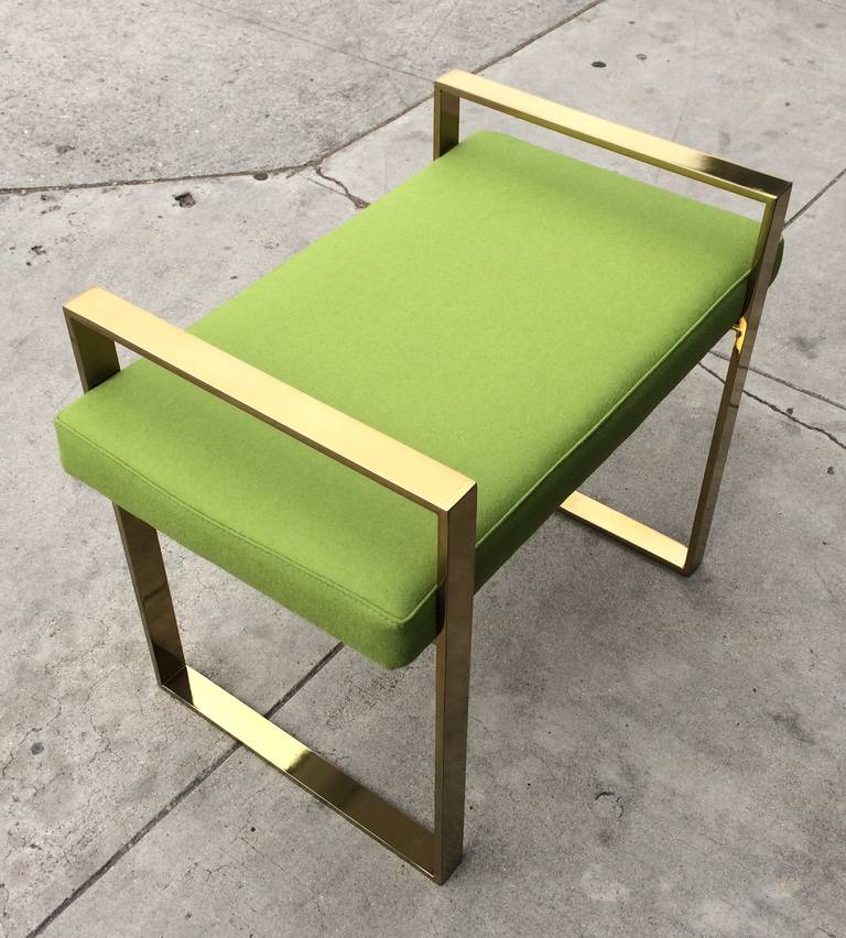 Pair of polished brass benches designed and manufactured by Charles Hollis Jones in the 1970s.

We currently have one pair in aged brass and one pair in polished nickel, both with solid steel frames.

Dimensions:
25