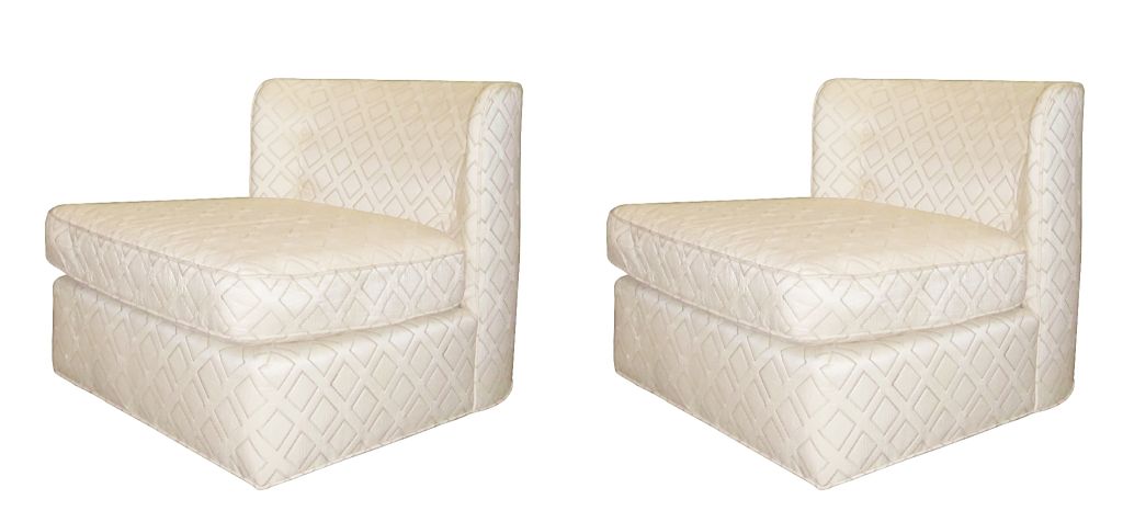 Set of two beautiful armless slipper chairs with rounded backs on round wooden legs.
These beautiful chairs are very generous in size and they are very comfortable and versatile.
The chairs can be used individually or they can be placed next to