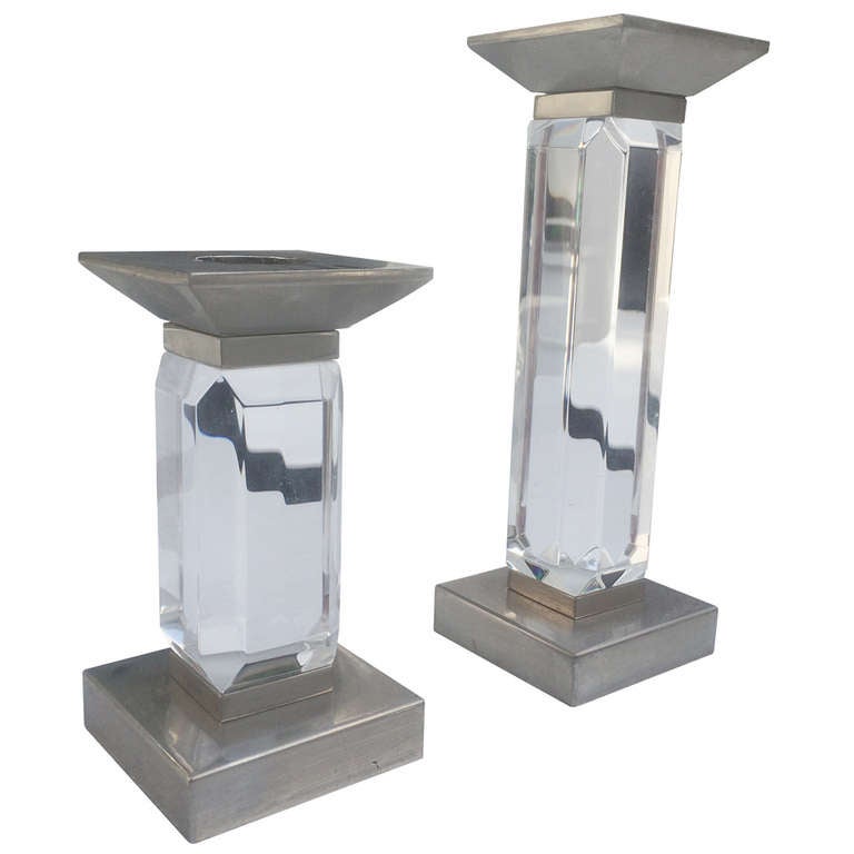Pair of Lucite and Nickel Candle Holders by Charles Hollis Jones at 1stdibs
