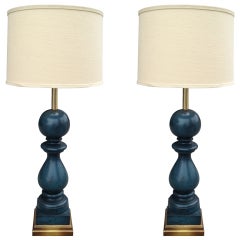 Pair of Monumental Blue Wooden Lamps with Gold Gilded Bases