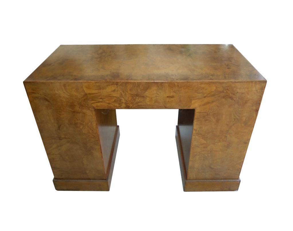 Burl Wood Italian Desk on a Plinth Base in the Campaign Style In Excellent Condition In Los Angeles, CA
