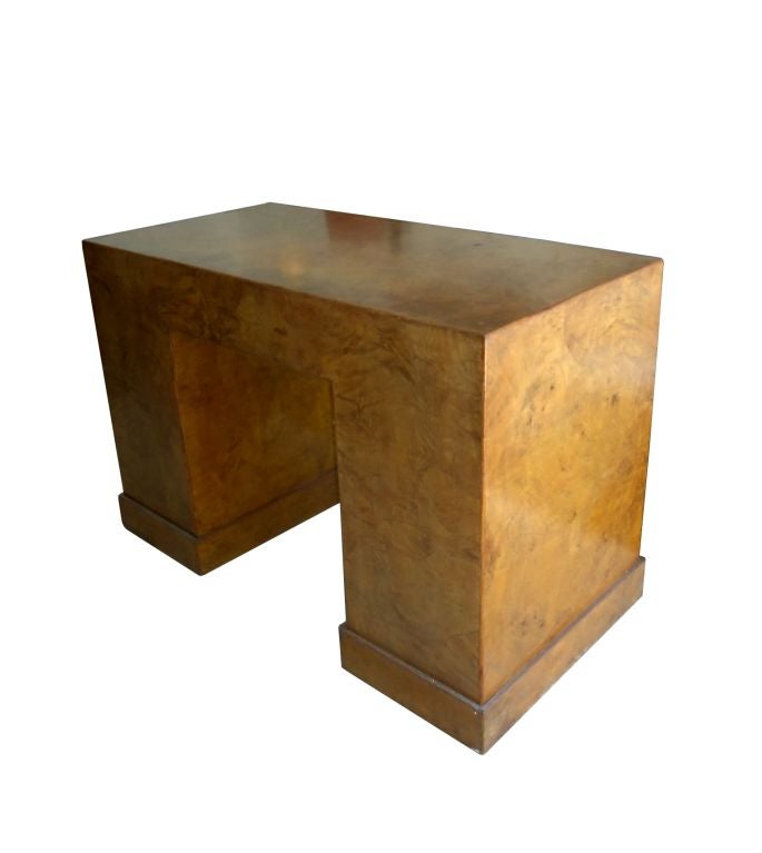 Mid-20th Century Burl Wood Italian Desk on a Plinth Base in the Campaign Style