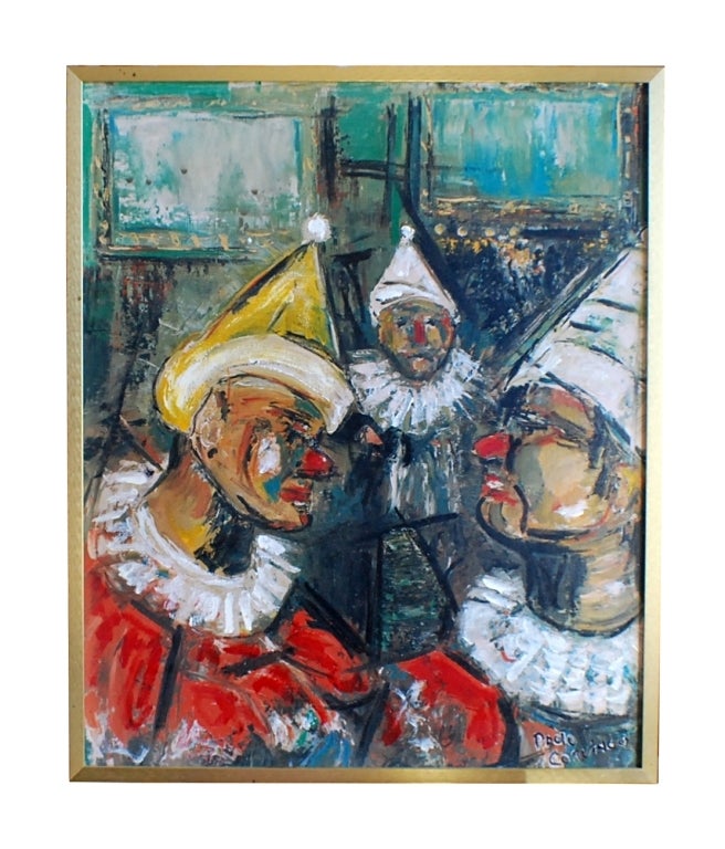 Paolo Corvino (b. 1930) “Clowns” Oil on canvas, circa 1967. 
Signed and dated lower right. Has Paolo Gallery label on the back.

Measurements:
29
