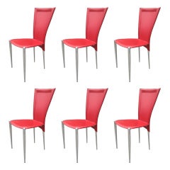 Set of 6 Red Leather Chairs with Chrome Legs