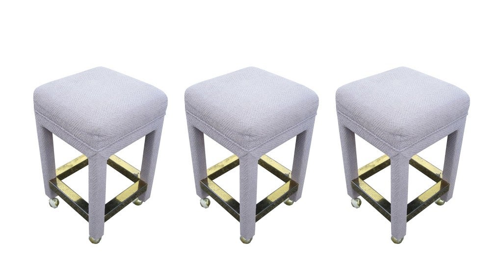 Mid-Century Modern Set of 3 Bar Stools with Brass Footrests attb to Milo Baughman
