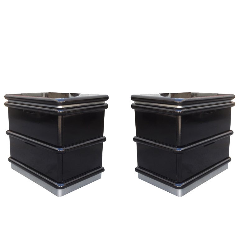 Jay Spectre Nightstands in Black Lacquer and Brushed Chrome Plinth