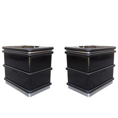 Jay Spectre Nightstands in Black Lacquer and Brushed Chrome Plinth