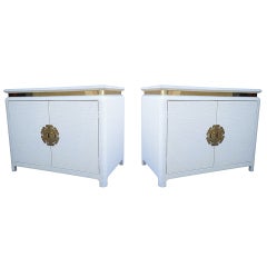Vintage Pair of Raffia Embossed Side Cabinets