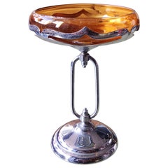 Vintage Art Deco Amber Glass Bowl on a Chrome Stand made in NY