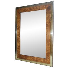 Burlwood and Brass Wall Mirror in the Style of Pierre Cardin