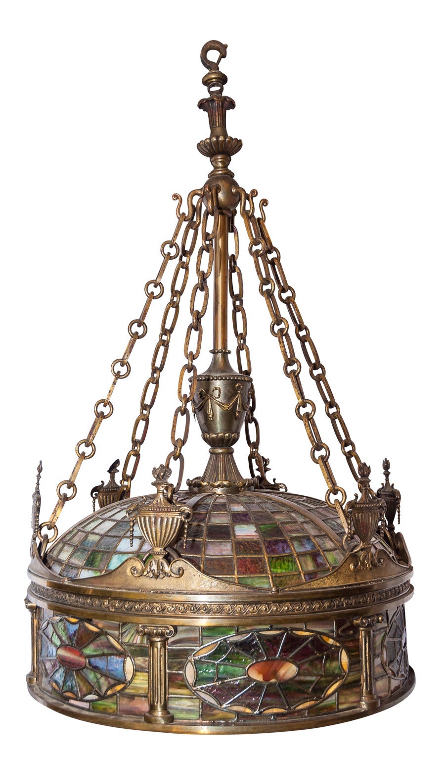 Fine Quality Tiffany Style Bronze and Stained Glass Chandelier. Stock no: L59