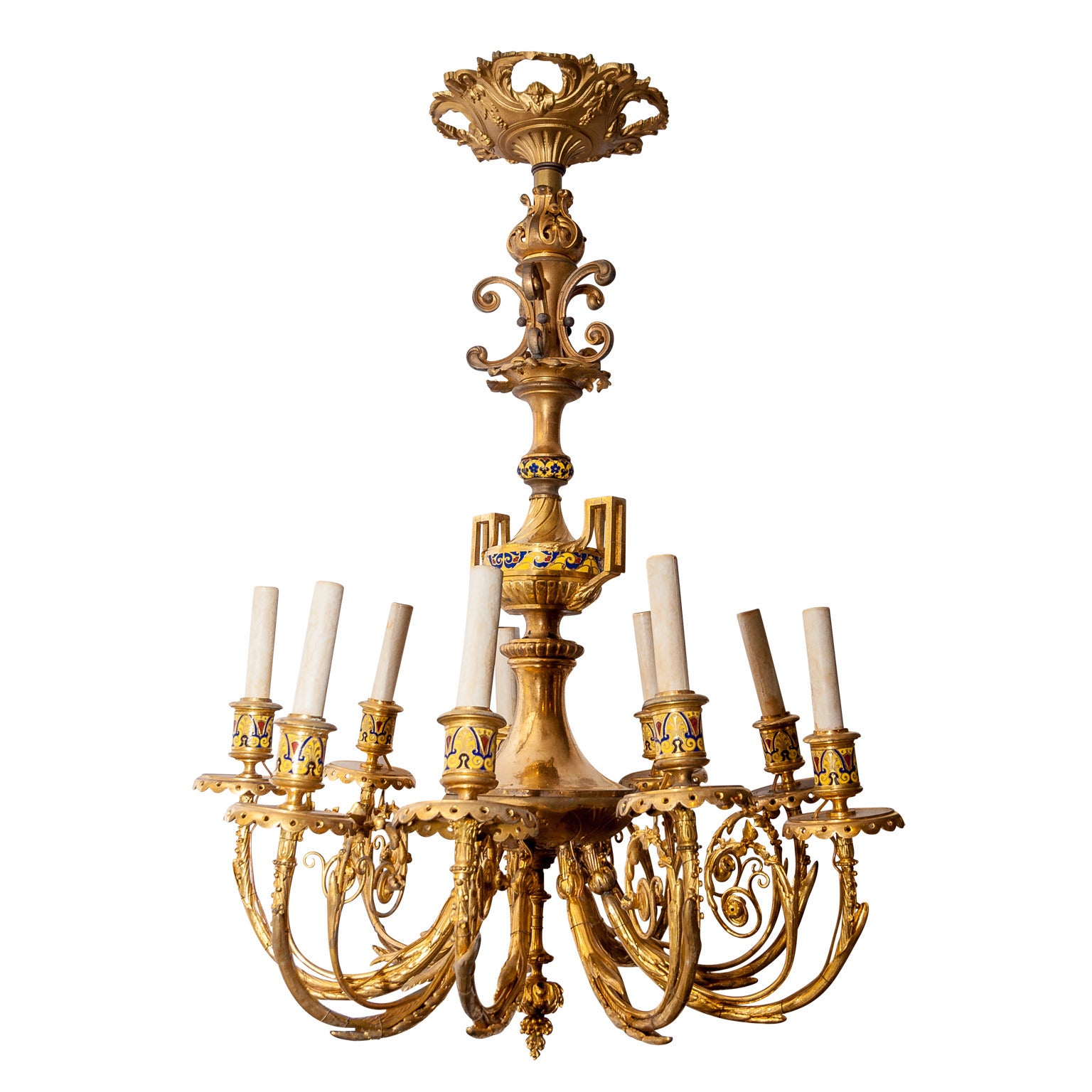 19th Century French Champleve Enamel and Bronze Nine-Light Chandelier For Sale