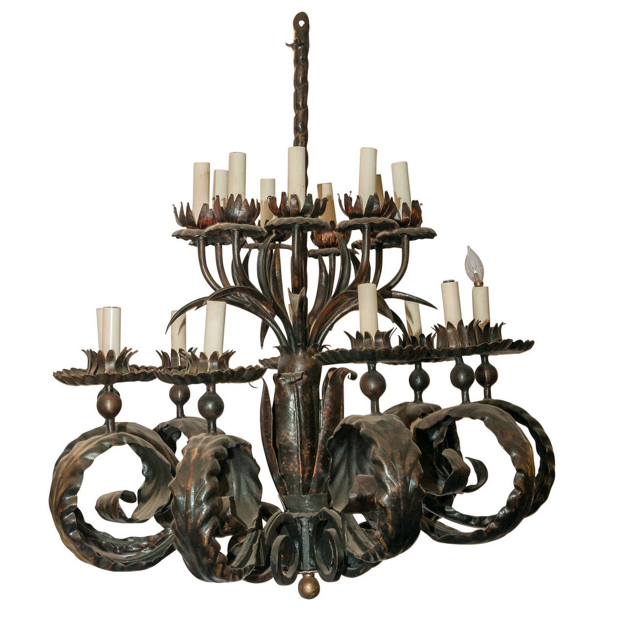 Large arts and crafts style patinated bronze chandelier For Sale 1