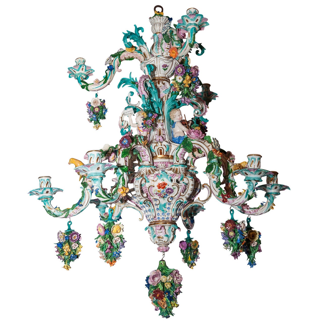 Two-Tier Meissen Porcelain Chandelier with Birds and Flower Decorations