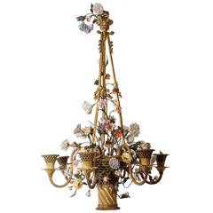 Early 20th Century French Basket Form Bronze and Porcelain Six-Light Chandelier