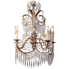 Fine Mid-Century Baltic Style Patinated Metal and Crystal, Five-Light Chandelier