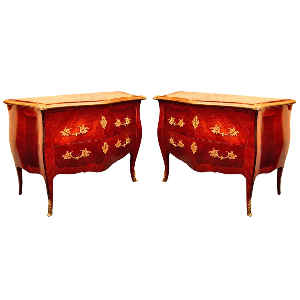 A Very Fine Quality Pair of Louis XV Style Bombe Commodes