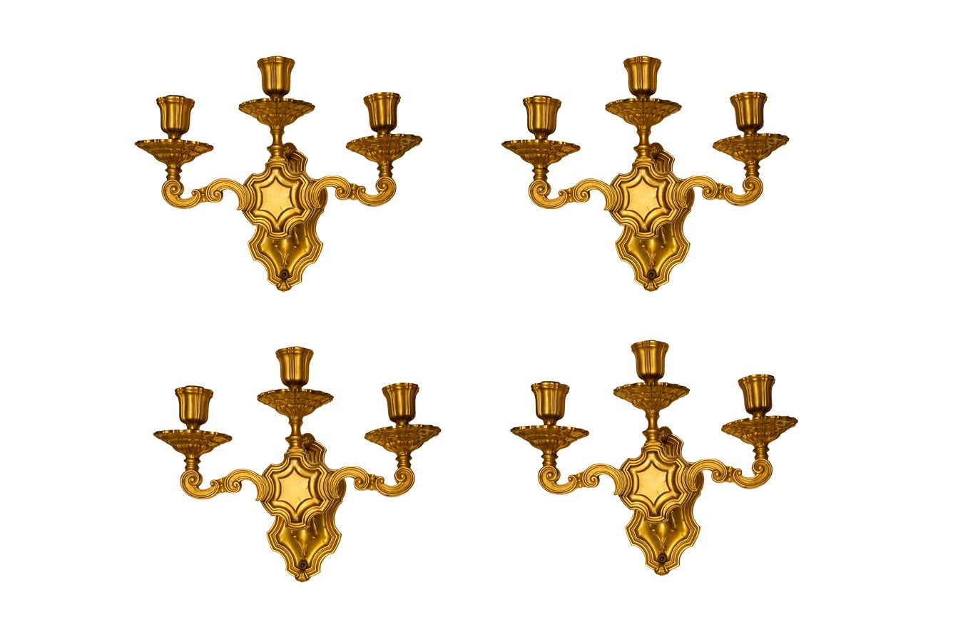 Pair of Caldwell Gilt Metal Three-Light Sconces For Sale
