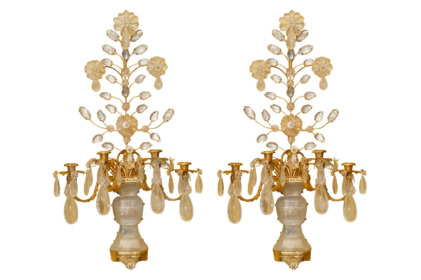 Set of Four Gilt Metal and Rock Crystal Four-Light Sconces For Sale