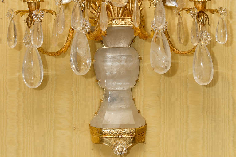 Contemporary Set of Four Gilt Metal and Rock Crystal Four-Light Sconces For Sale