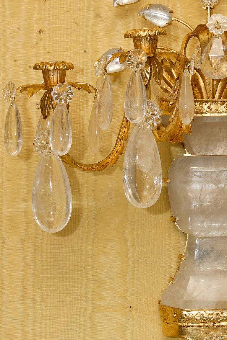 Set of Four Gilt Metal and Rock Crystal Four-Light Sconces For Sale 1