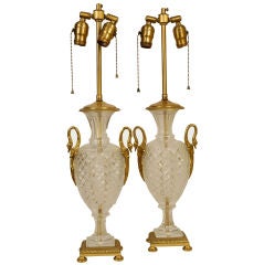 Pair Swan Cut Crystal and Gilt Bronze Neoclassical Lamps