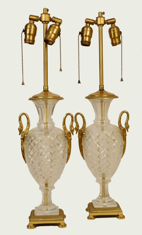 Pair Swan Cut Crystal and Gilt Bronze Neoclassical Lamps