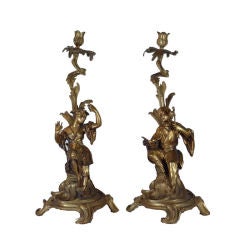 Pair of Chinoiserie Style Gilt Bronze Firgural Candlesticks