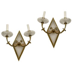 Chic Pair of Crystal and Bronze Two-Arm Sconces Wall Lights
