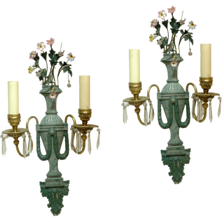 Pair of Green Patina and Gilt Bronze Classical Two-Arm Sconces For Sale