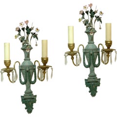 Antique Pair of Green Patina and Gilt Bronze Classical Two-Arm Sconces