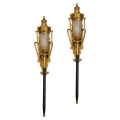 Antique Pair of Gilt Bronze and Ebonized Wood Coach Lamps Sconces