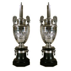 Pair of Neoclassical Silvered Bronze Lamps Urns