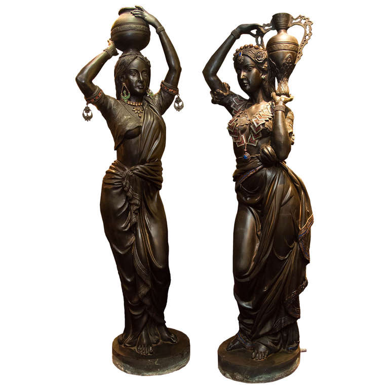 Pair of Lifesize Orientalist Bronze Figures of Young Beauties