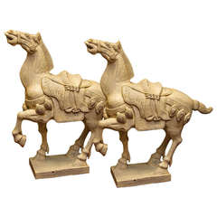 Pair of Chinese Carved Wood Decorative Tang Style Horses