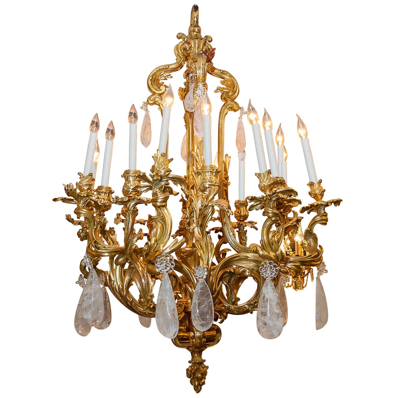 Important Louis XV Style Gilt Bronze and Rock Crystal Sixteen-Light Chandelier