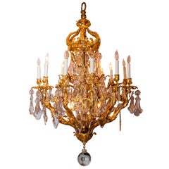 19th Century French Fifteen-Light Crystal and Bronze Crown Shaped Top Chandelier