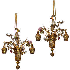 Antique Pair of Bronze and Porcelain Two-Light Chandeliers Attributed to Caldwell 
Co