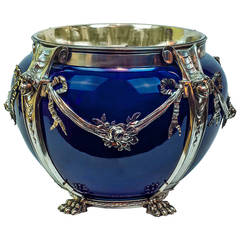 French Silvered Bronze and Porcelain Cobalt Blue Centerpiece Vase