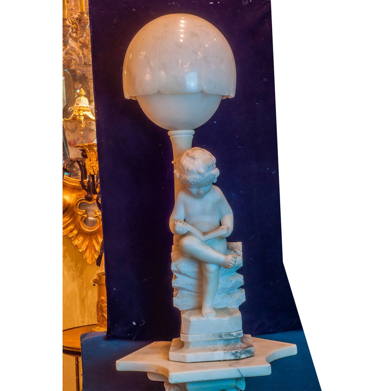 Italian Pair of Alabaster Figural Group of Two Cherub Lamps on Original Pedestals