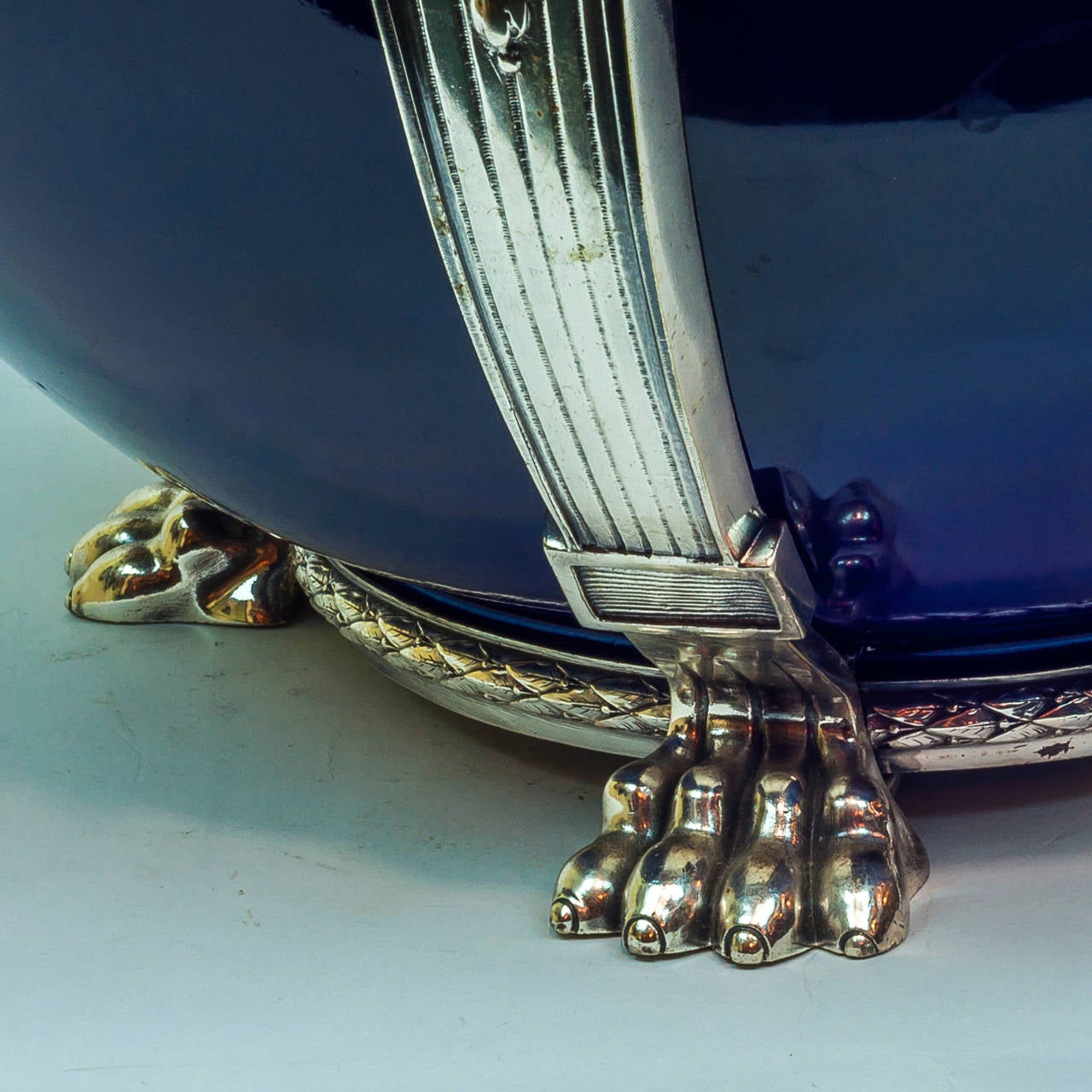 French Silvered Bronze and Porcelain Cobalt Blue Centerpiece Vase In Good Condition In New York, NY