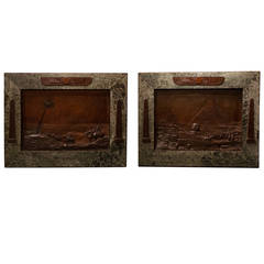 Pair of Patinated Metal Egyptian Revival Palques in Marble Frame