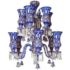Bohemian Blue to Clear Overlay Glass Palace Size Twelve-Light Chandelier