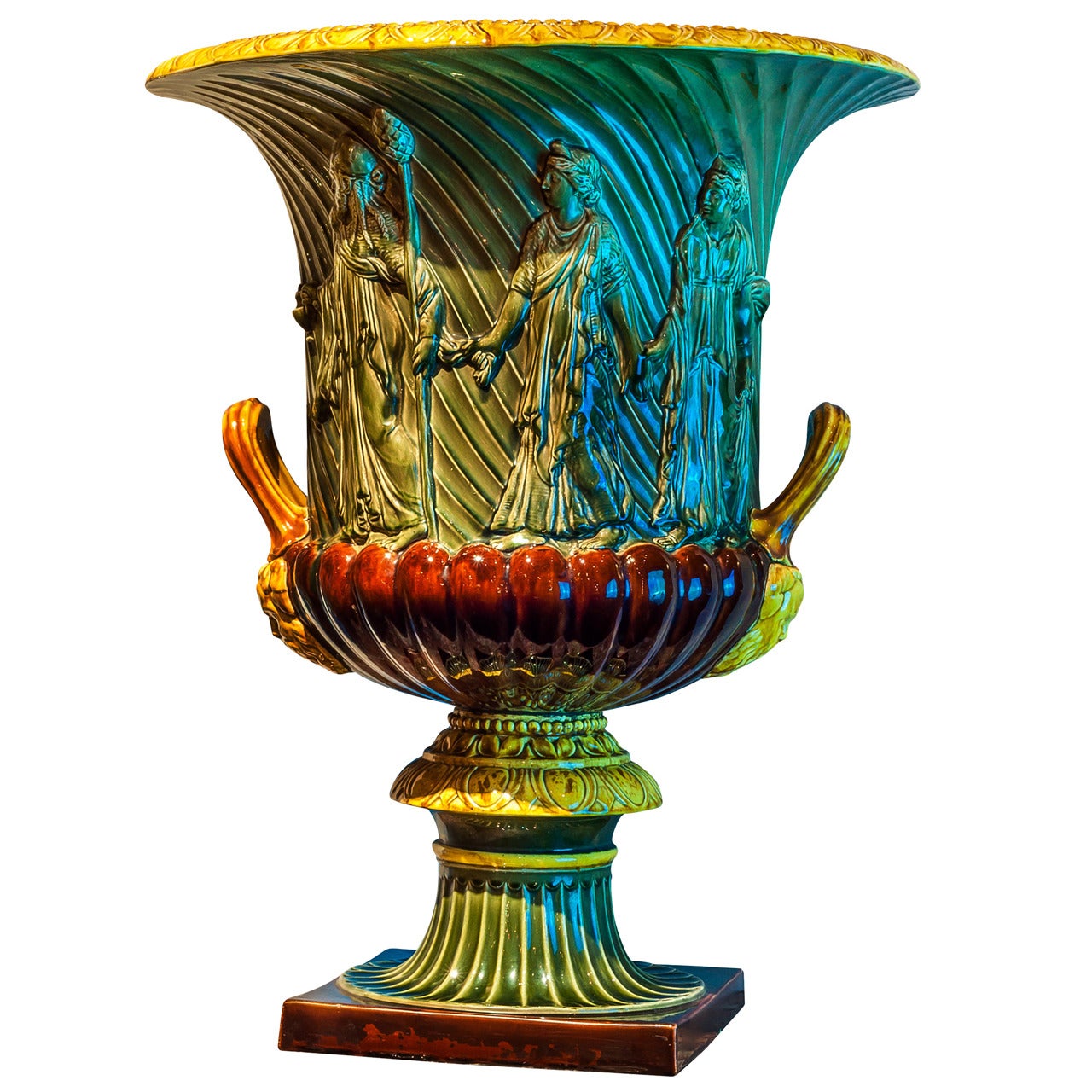 Majolica Campana Form Neoclassical Jardiniere Vase Attributed to Sarreguemines