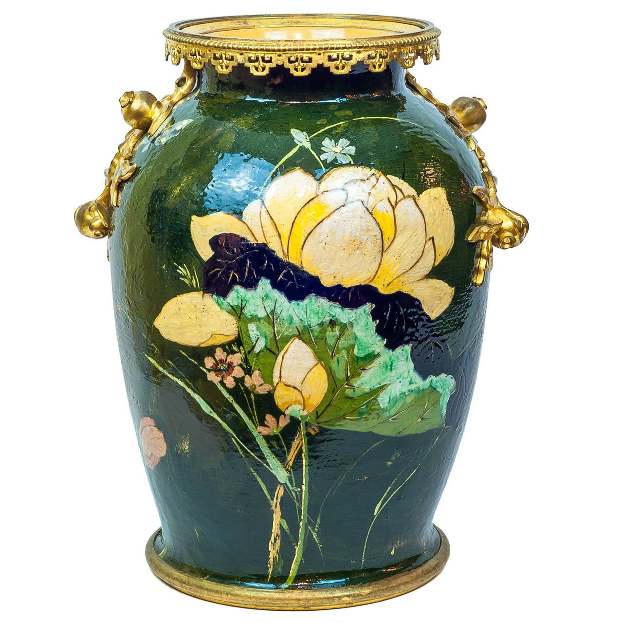 Unusual French Porcelain and Bronze Aesthetic Vase with Floral