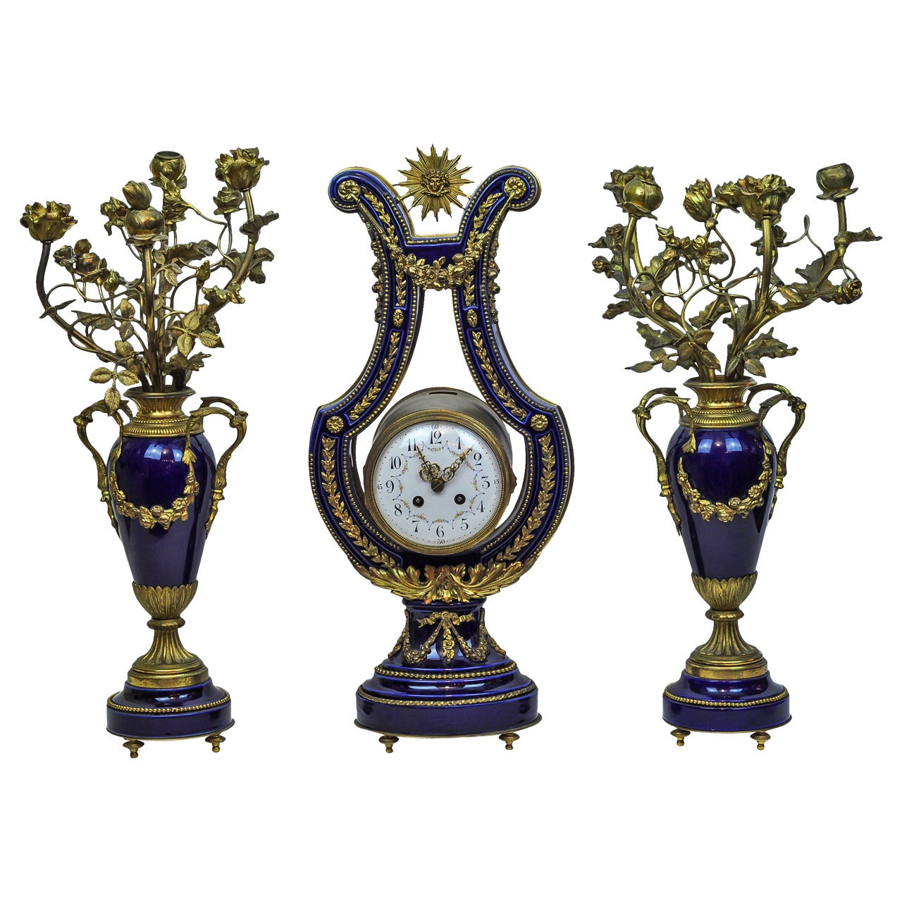 Louis XVI Style Three-Piece Cobalt Blue, Porcelain and Bronze Clock Set